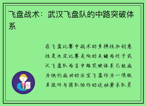 飞盘战术：武汉飞盘队的中路突破体系
