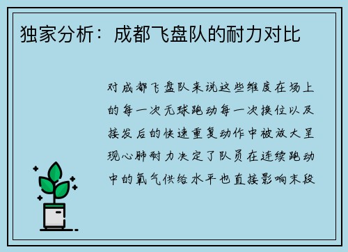 独家分析：成都飞盘队的耐力对比