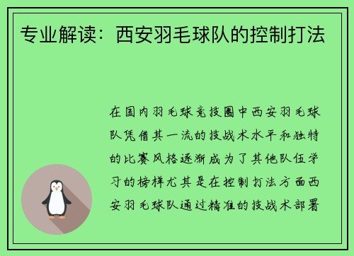 专业解读：西安羽毛球队的控制打法